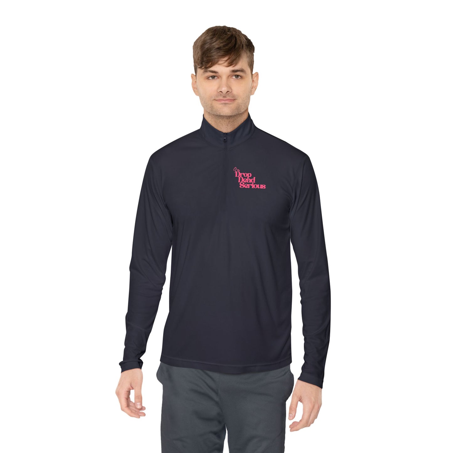 Quarter-Zip Pullover — Retro City Skyline Graphic (Front Pink Logo, Back White Silhouette)