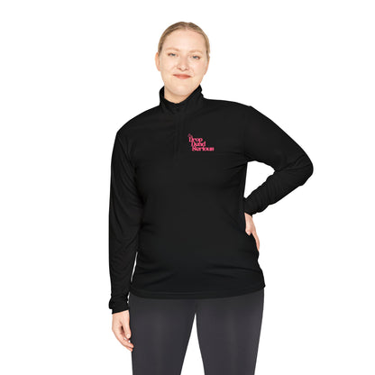 Quarter-Zip Pullover — Retro City Skyline Graphic (Front Pink Logo, Back White Silhouette)
